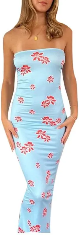 Y2K Tie Dye Flroal Strapless Tube Maxi Dress Off Shoulder Slim Fit Long Dress Bodycon Night Party Vocation Sundress