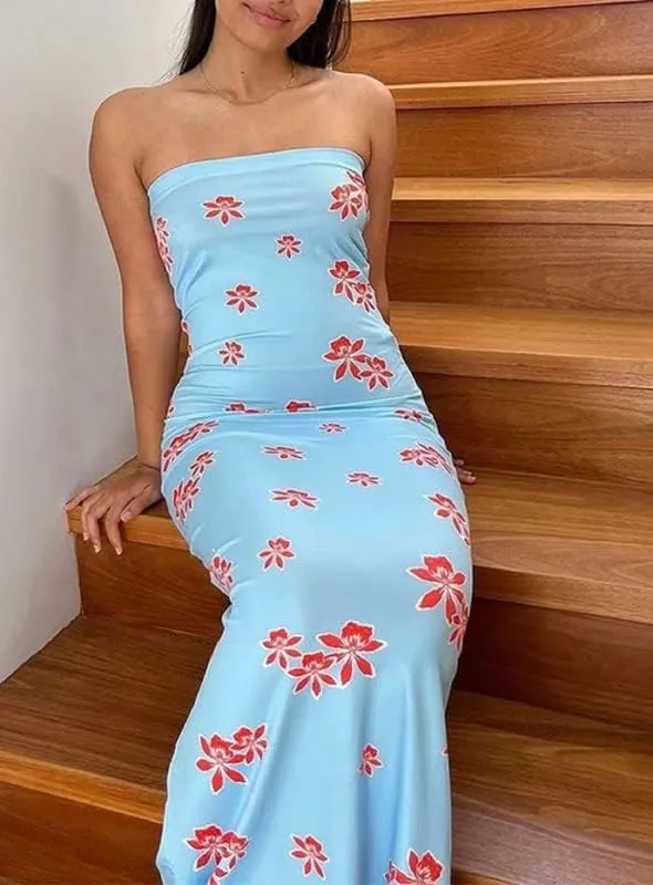 Y2K Tie Dye Flroal Strapless Tube Maxi Dress Off Shoulder Slim Fit Long Dress Bodycon Night Party Vocation Sundress