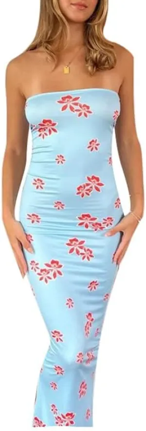 Y2K Tie Dye Flroal Strapless Tube Maxi Dress Off Shoulder Slim Fit Long Dress Bodycon Night Party Vocation Sundress
