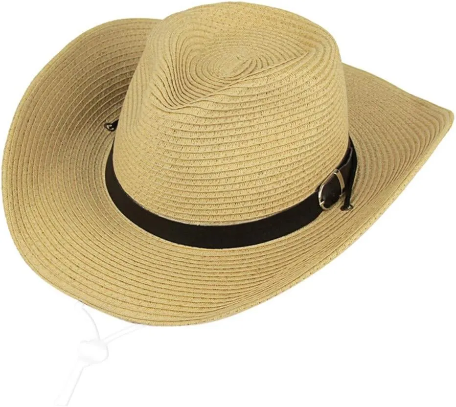 YOLAI Stra𝐰 Cowboy Sun Hat for Men Women Summer Fedora Beach Panama Western Cap Shapeable Brim Cap with Bull Belt