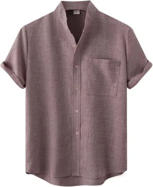 ZWRXW Men's Linen Shirts Short Sleeve Summer Casual Button Down Stand Collar Beach Lightweight Tops Tee